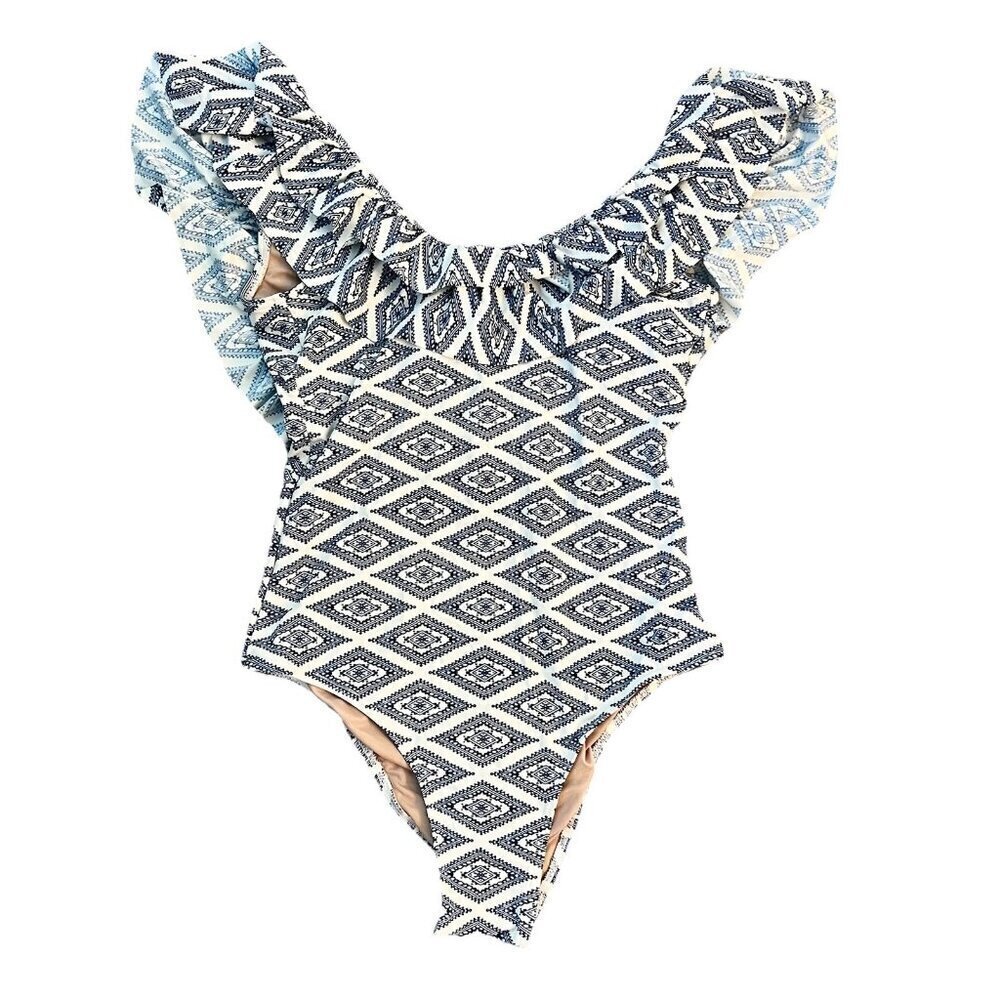 Tart Collections Women’s One Piece Swimsuit Size Small White Blue Ruffle